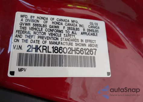 2002 Honda Odyssey Ex из США, поврежденный, VIN 2HKRL18602H561267